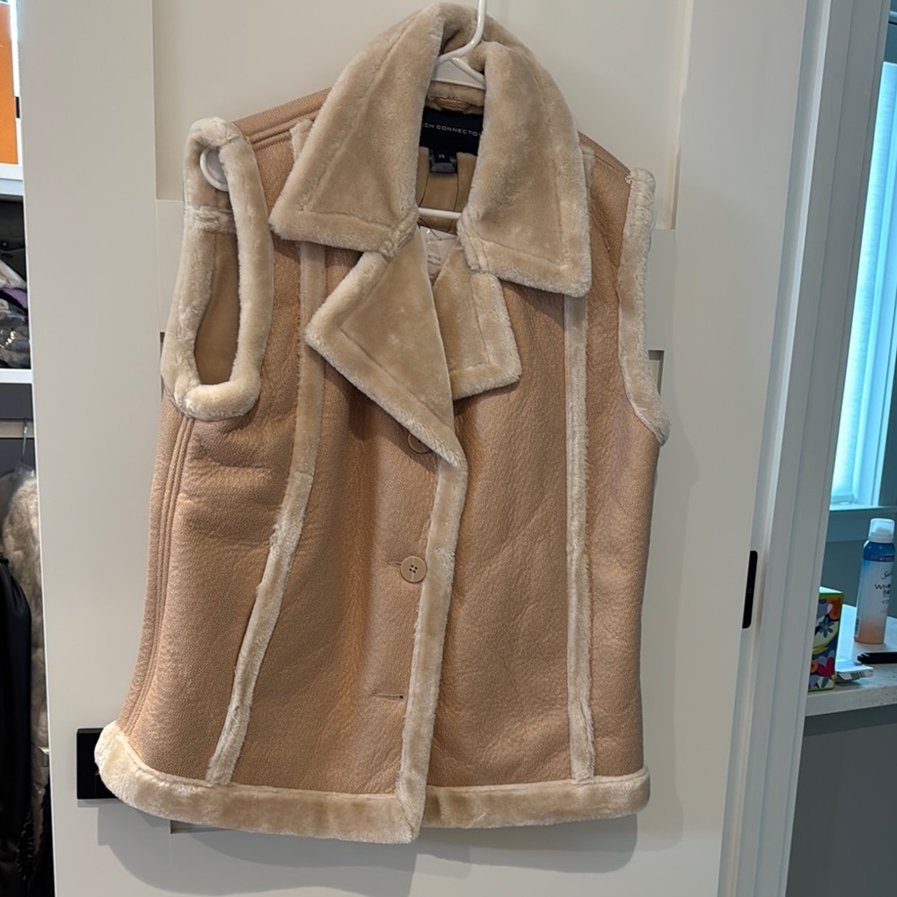 French Connection Tan Shearling Vest Cozy Layering Essential
